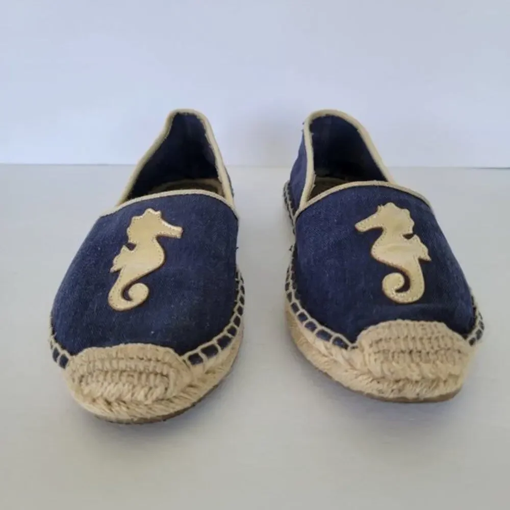 Lilly Pulitzer Lia Espadrilles Seahorse Flat Shoes Womens Size 9 Blue Canvas